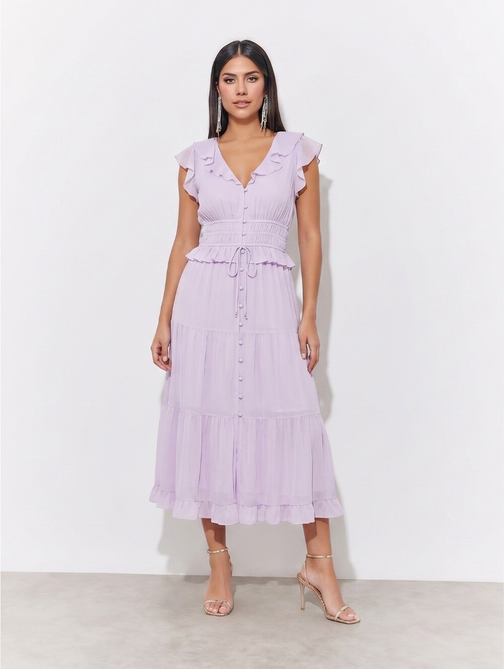 PAIGE Womens 100% Silk Purple Ruffle  Whimsical Tiered Midi Dress Sz 14 NWOT